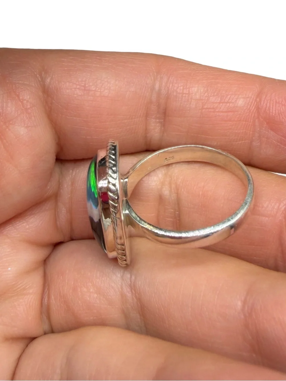 Aurora Fire Opal Black Onyx Striped Ring Size 9 Solid 925 Sterling Silver Blue